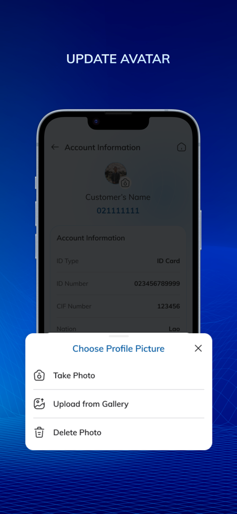 Sacombank E-Pay - Sacombank E-Payモバイルアプリのインターフェース。ユーザープロファイルのアバターを更新するための画面です。