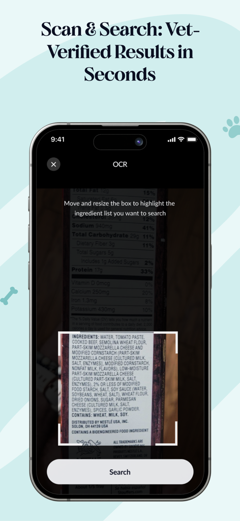 ToxiPets: Pet Poison Scanner - Un smartphone usando la aplicación ToxiPets para escanear una etiqueta de ingredientes de alimentos en busca de toxinas para mascotas