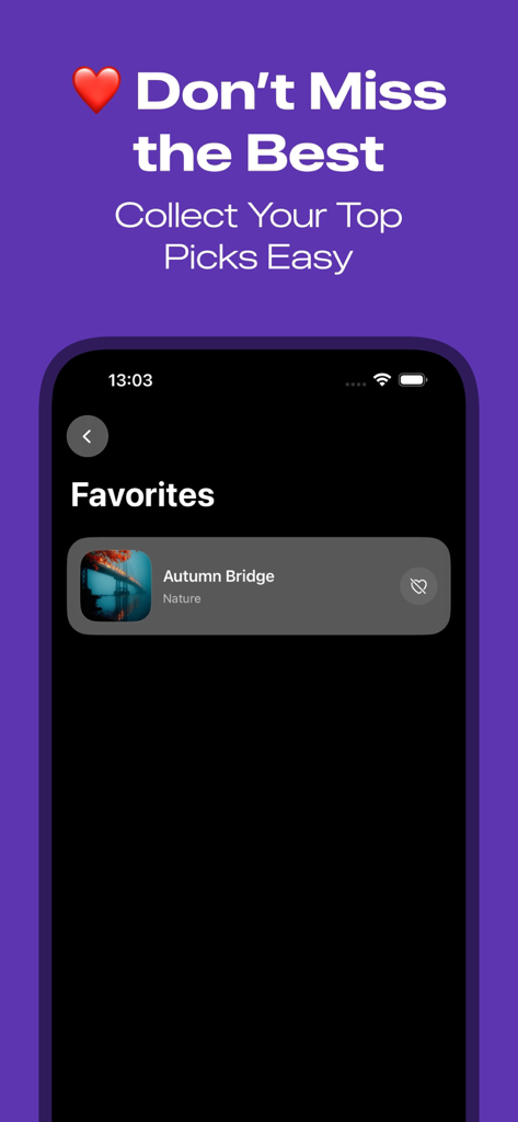Live Wallpaper 4K+ - A smartphone display showing the favorites section of the Live Wallpaper 4K plus app with a saved nature theme wallpaper