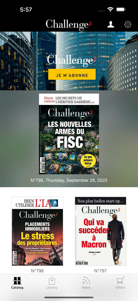 Catalogue numérique des numéros du magazine Challenges sur une interface mobile montrant les couvertures récentes et un bouton d'abonnement.
