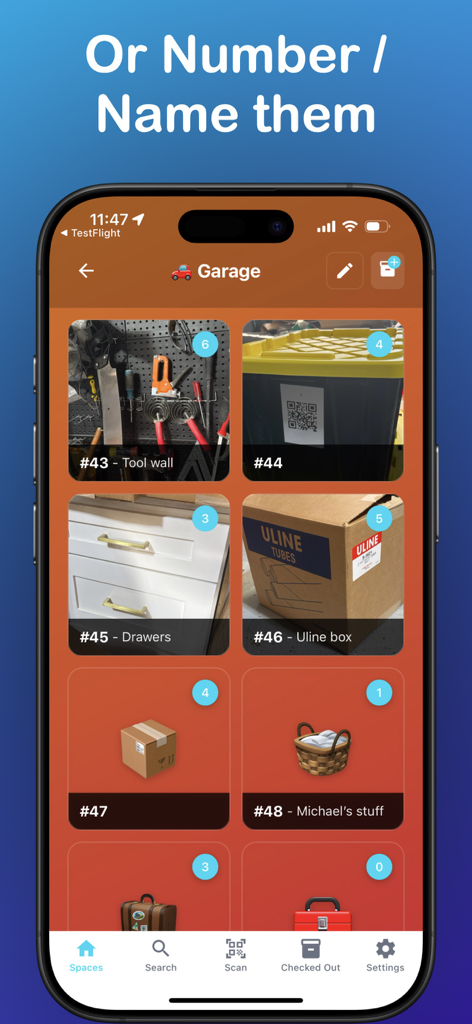 SnapFind app interface showing organized storage items in a garage with custom numbers and names for boxes and tool walls