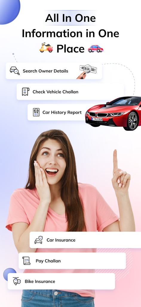 RTO All Vehicle Information - App screen showing vehicle information services including owner search, challan check, and insurance.