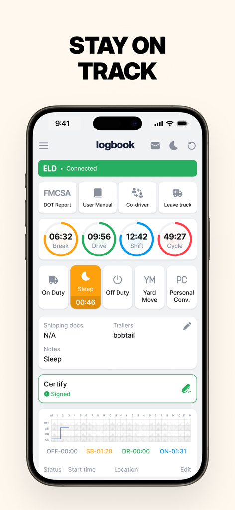 Oberfläche der ELD Hub App, die den Logbuchstatus und die Zeitgeber für die Dienstzeit anzeigt