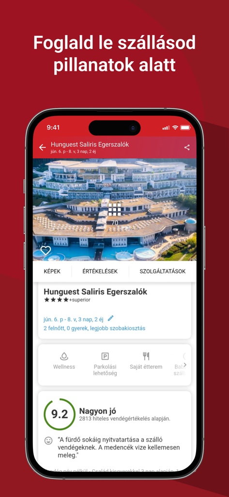 Szallas.hu - Smartphone screen displaying the Szallas.hu app hotel detail page with a wellness resort listing and guest reviews.