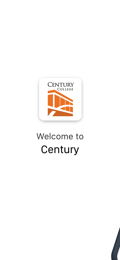 Pantalla de bienvenida de la aplicación móvil Century College con el logo de la universidad y un mensaje de bienvenida.