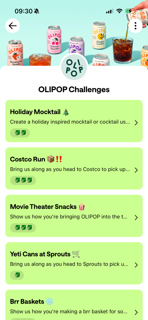 Kale - Creator Rewards - A list of brand challenges for Olipop on the Kale Creator Rewards mobile app interface