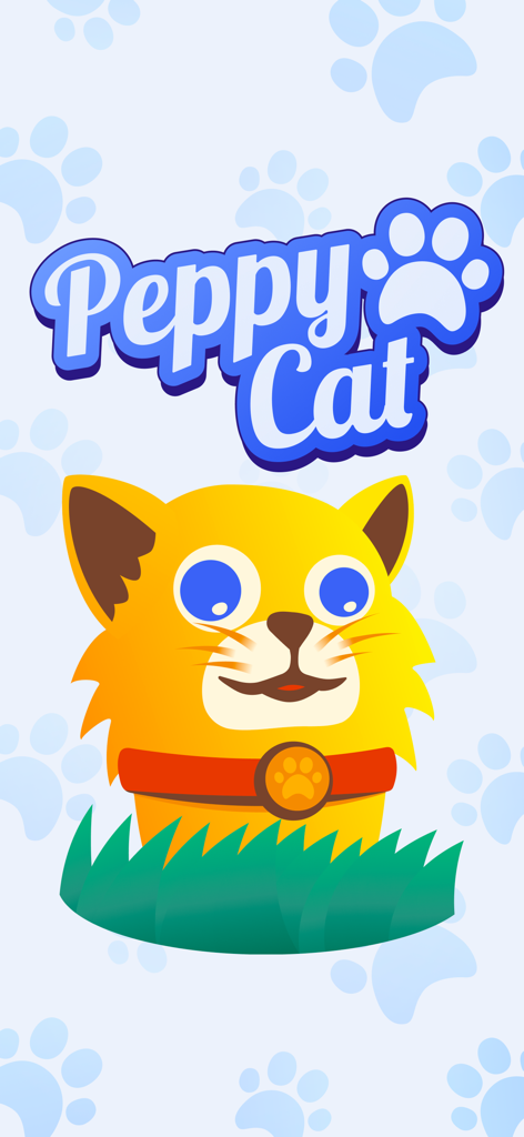Peppy Cat: Game For Cats - Peppy Catアプリのタイトルと、緑の草の上に座っている青い目の漫画の猫