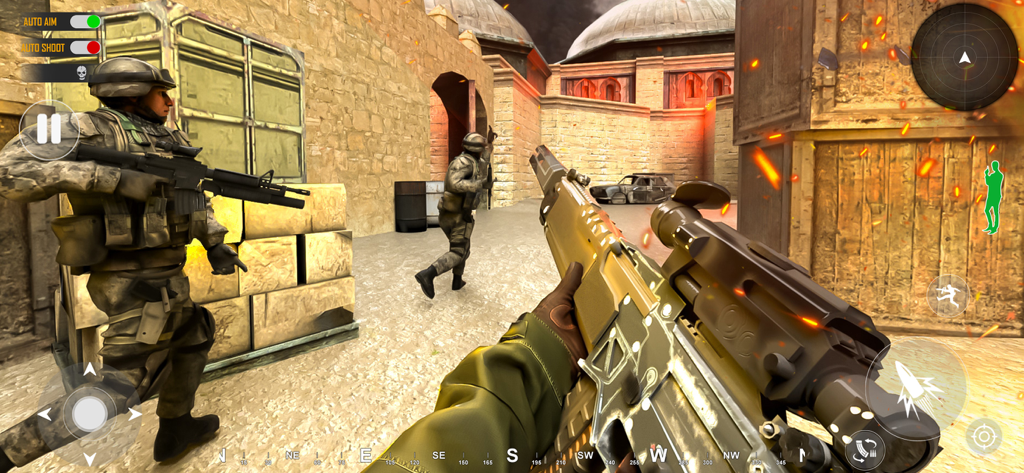 Fps Shooting Games - Gun Fire - First person perspective of a commando holding an assault rifle in a tactical shooting game