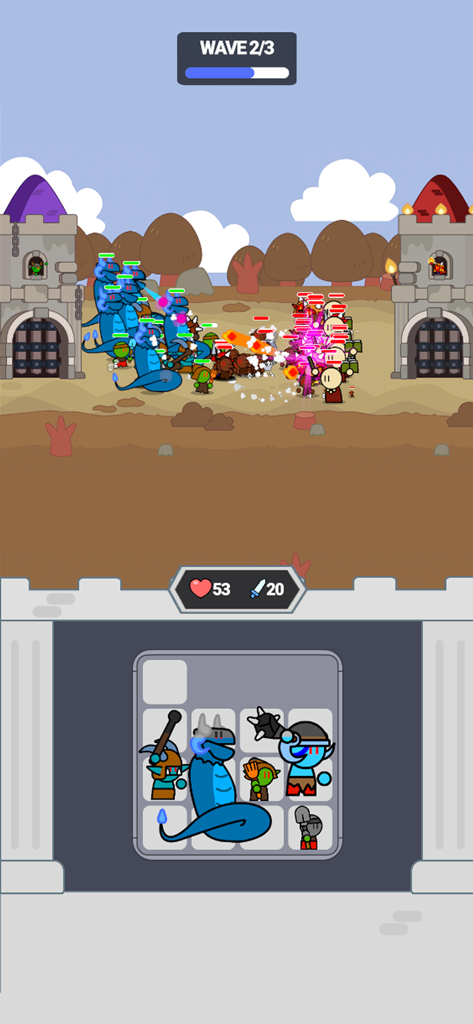 Bag Battle: Units Clash - Strategy gameplay of Bag Battle Units Clash showing battle scene and unit organization grid