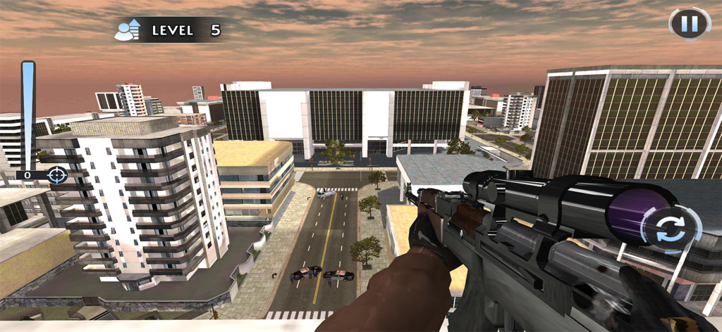 Sniper Shooter Soldier Strike - First person sniper view overlooking a city street in a tactical shooting game