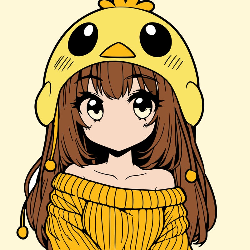 anime girl with chick shaped hat with sweater with bare shoulders with bangs covering them one eye with low tail