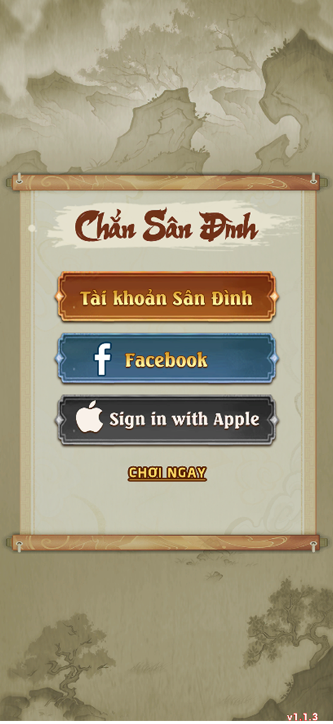 Chắn Một Tay - Chắn Sân Đình - Login screen of Chan San Dinh card game featuring traditional Vietnamese artwork and social sign-in options