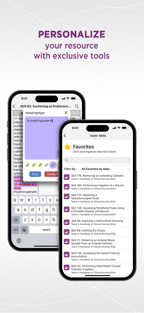 Taylor's Nursing Skills - Taylors Nursing Skills app interface showing note-taking and favorites list features on two iPhones