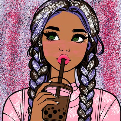 realistic girl with braided hair drinking boba