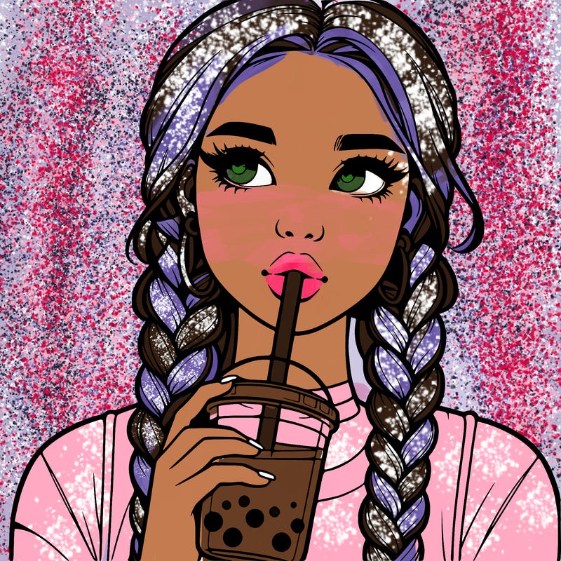 realistic girl with braided hair drinking boba