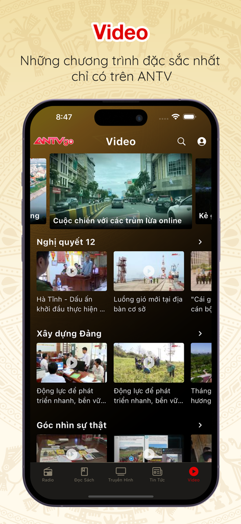 ANTV Go app screen showing the video section with news reports and documentaries in Vietnamese