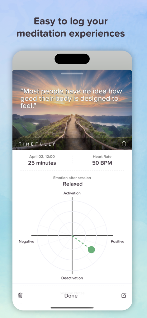 Timefully - Meditation Timer - A meditation session summary screen in the Timefully app showing session time, heart rate data, and an emotional tracking chart.