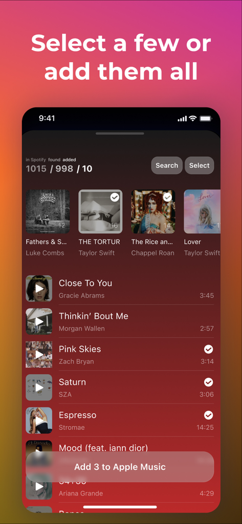 User interface of the Transfer Music app showing a list of tracks and albums with an add to Apple Music button