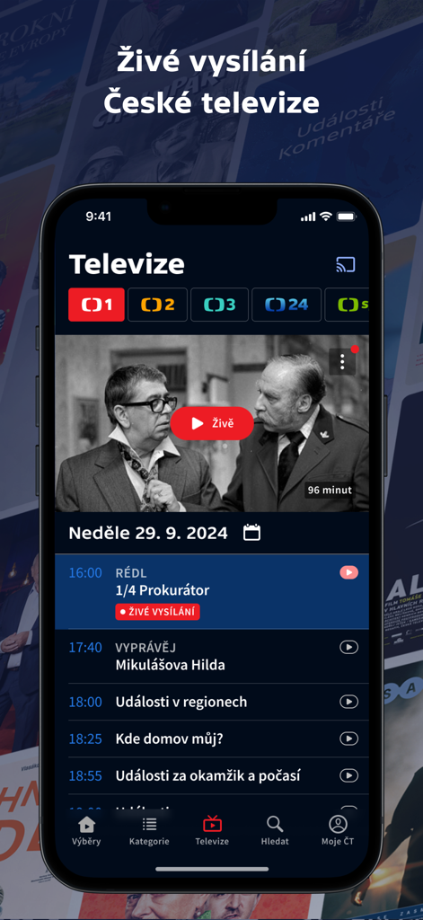 Una captura de pantalla de la aplicación móvil iVysílání que muestra la guía de programas de TV en vivo para los canales de Czech Television.