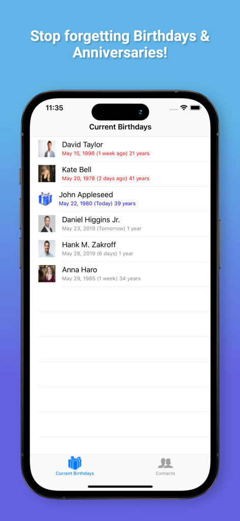 Birthday Reminders - iPhone screen showing the Birthday Reminders app interface with a list of upcoming and recent birthdays including names and ages.