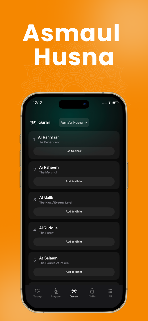 Ramadan Calendar 2026: Safa - A smartphone displaying the Asmaul Husna feature in the Safa app with a list of the 99 names of Allah and their English meanings.