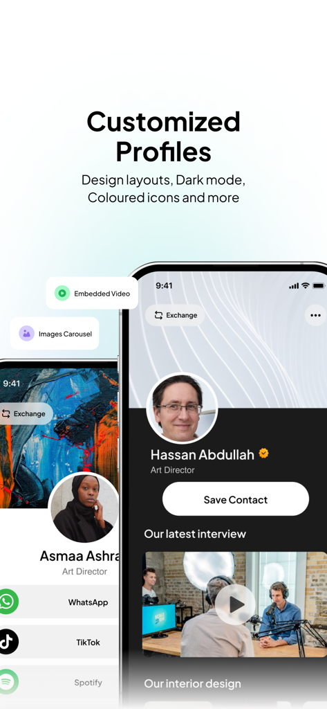 Tap - Digital Business Card - Showcase of customizable digital business card profiles in light and dark modes.