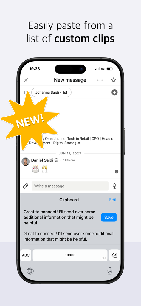 KeyboardKit - Una pantalla de iPhone mostrando KeyboardKit con una función de portapapeles personalizada para pegar fácilmente texto guardado en mensajes.