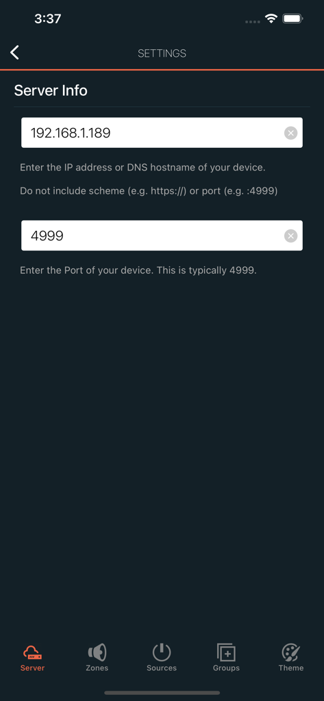 Monoprice Whole Home Audio - Server info settings screen for Monoprice Whole Home Audio showing IP address and port configuration fields