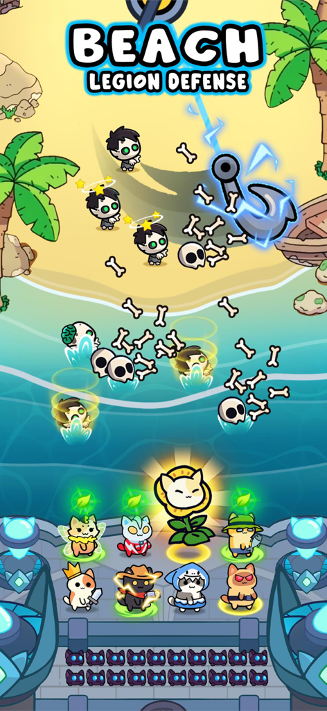 Kitty Keep™ - Cute cat heroes in various costumes defending a beach from zombie enemies in the Kitty Keep mobile game.