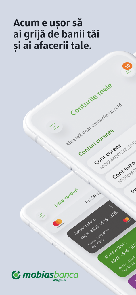 OTP Mobile Banking Moldova - OTP Mobile Banking Moldova app interface showing account overview and managed cards