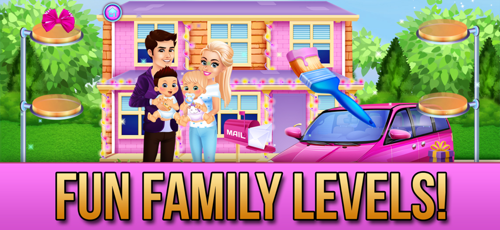 A cartoon family with two babies standing in front of their pink house and car
