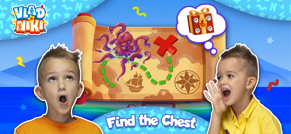 Vlad and Niki next to a pirate treasure map with an octopus and a red X
