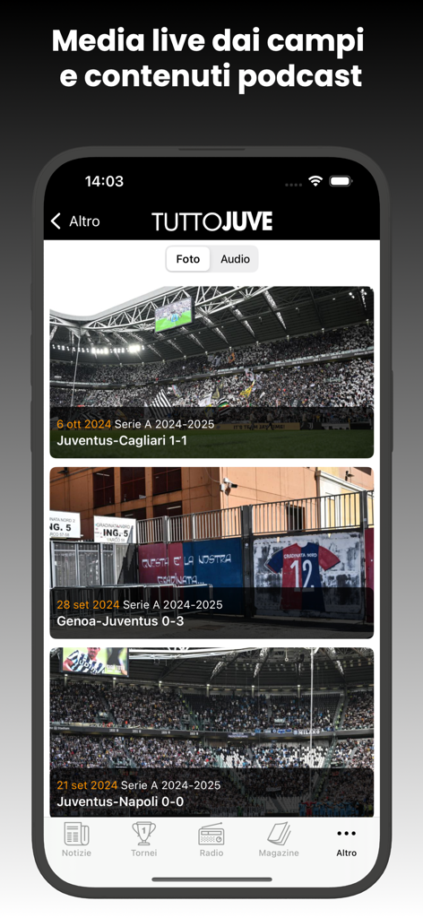 TuttoJuve app screenshot showing live media photos and match summaries for Juventus football games