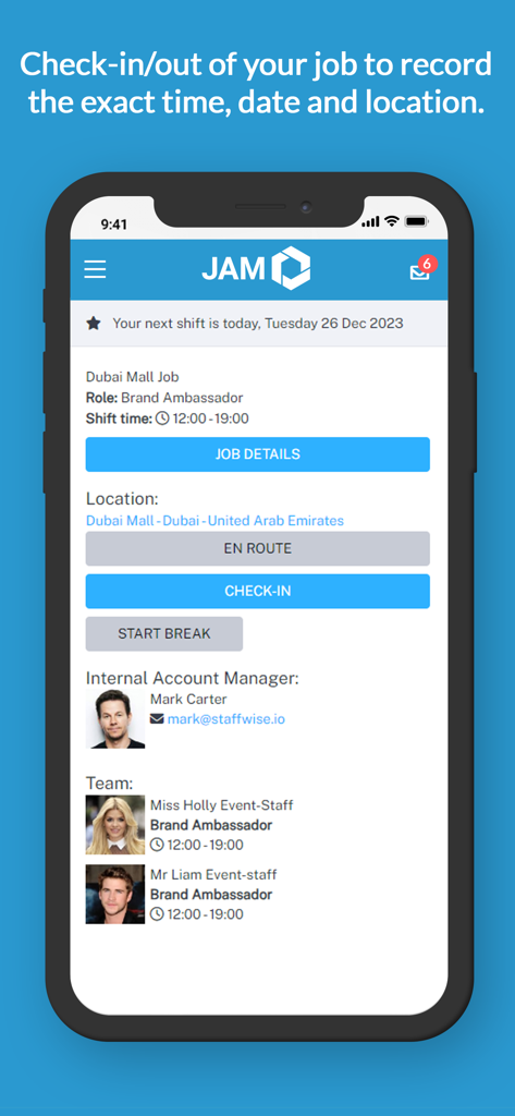 JAM Event Services - Mobile app interface for JAM Event Services showing job shift details and staff check-in options