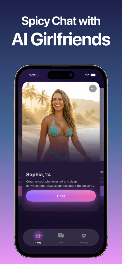 Candy Girl - AI Companion - Captura de tela do aplicativo Candy Girl mostrando o perfil de uma IA chamada Sophia