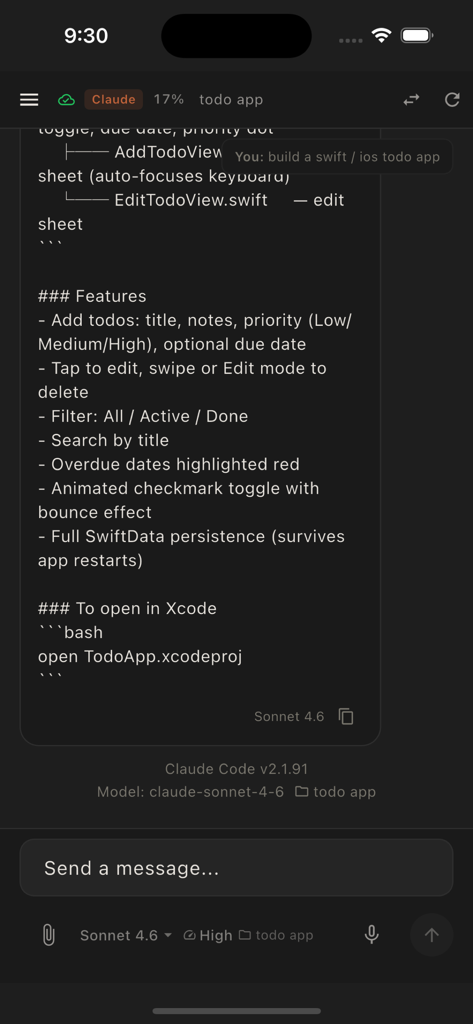 Agents Dispatch - Interface of Agents Dispatch app showing Claude AI providing technical specifications and terminal commands for a Swift iOS todo app