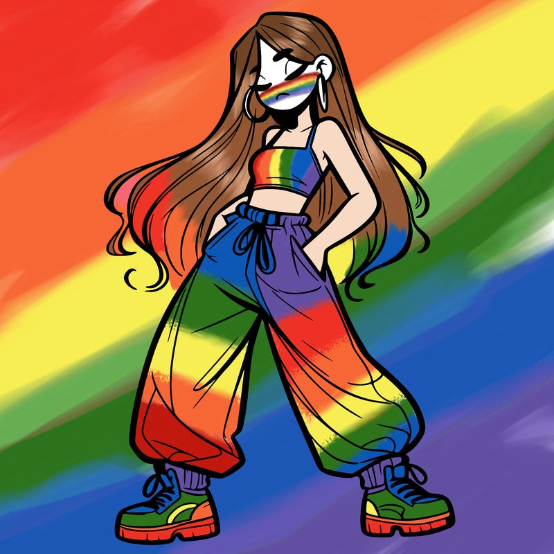 girl in baggy pants crop top and long hair