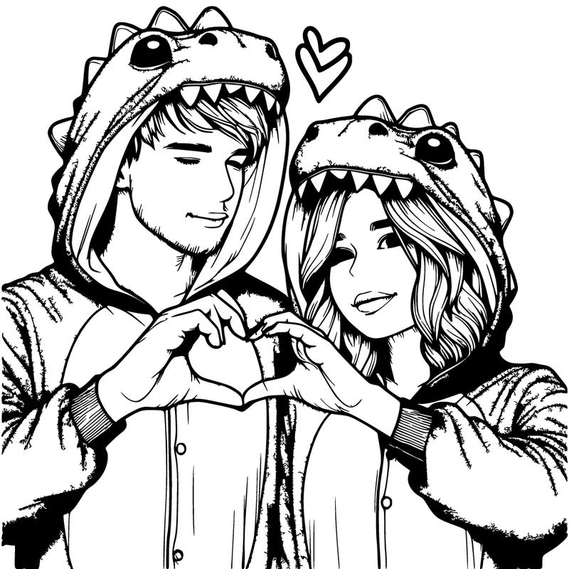 realistic couple wearing matching dinosaur onesies with heart hand gesture