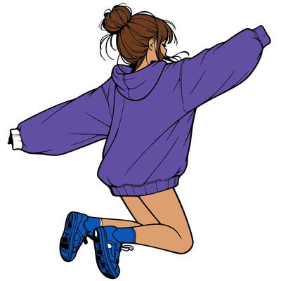 realistic girl jumping with a bun and oversized sweatshirt