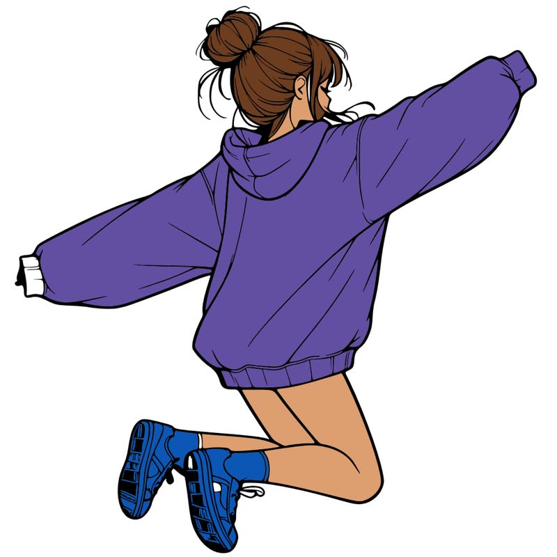 realistic girl jumping with a bun and oversized sweatshirt
