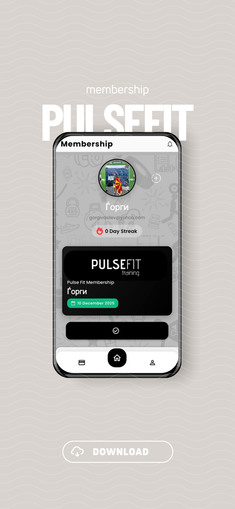 Schermata di abbonamento dell'app mobile PulseFit MK che mostra il profilo di un utente con tessera di abbonamento digitale e serie di allenamenti