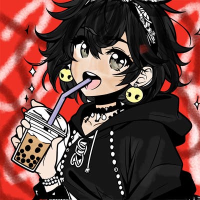 hot baddie anime girl drinking boba and biting the straw