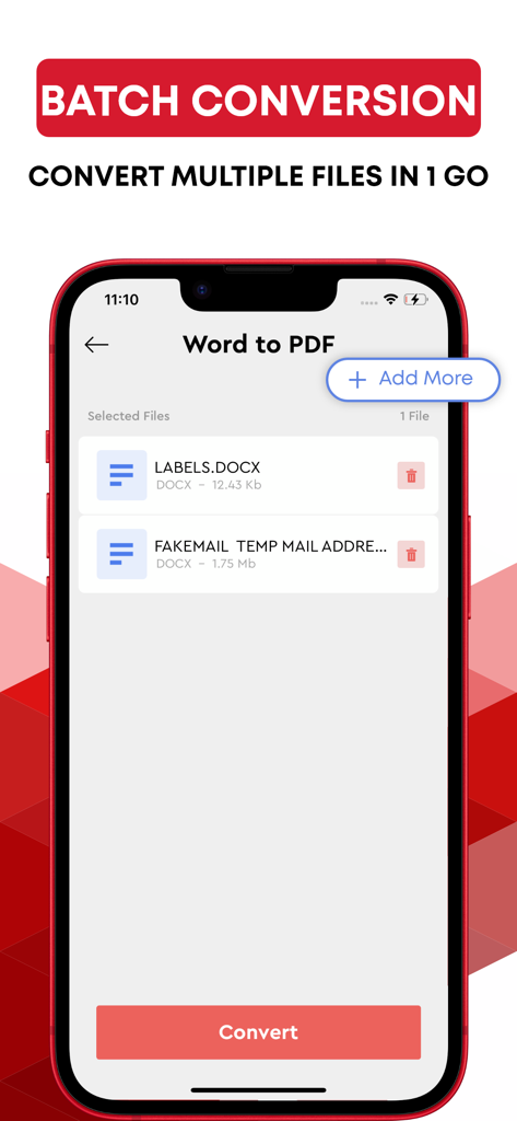 Convert PDF to Word. - Mobile app screen showing the batch conversion feature for turning multiple Word documents into PDF files simultaneously