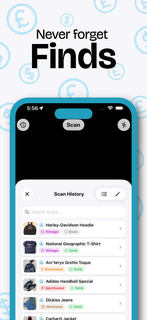 Scan history screen in the Thrifted app showing a list of identified vintage and streetwear clothing items