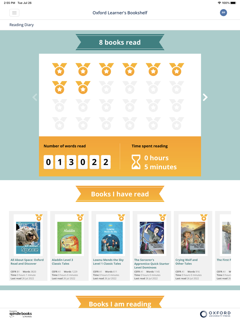 Oxford Learner's Bookshelf - Oxford Learner's Bookshelf Reading Diary displaying progress stats and books read