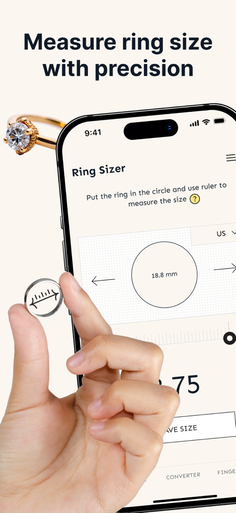 Ring Sizer. - Ring Sizer app showing a circle for measuring a ring diameter in millimeters on an iPhone screen