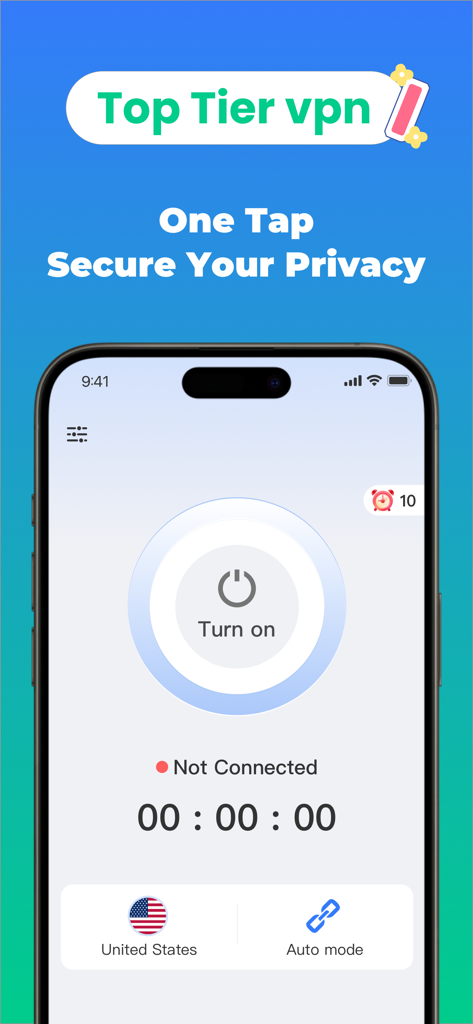 Fly VPN mobile app interface on iPhone showing a one-tap connect button to secure user privacy.