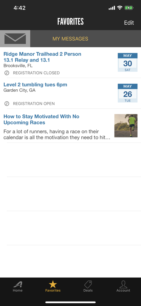 ACTIVE - Fitness Events - The Favorites screen of the ACTIVE app displaying saved fitness events and training articles