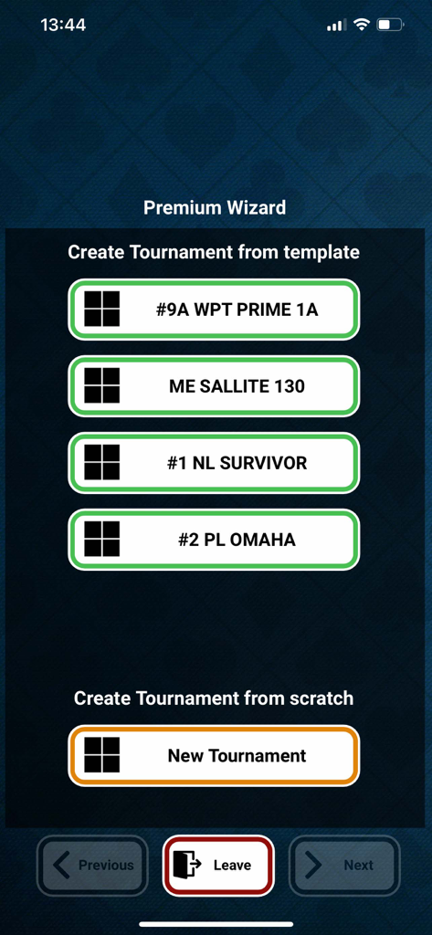 Premium Wizard screen for creating poker tournaments from templates or from scratch in the Bullets Poker Clock app.