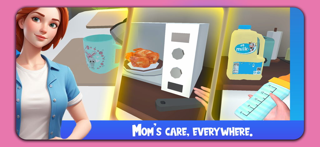 Mother Simulator : Real Mom - Mother character in a kitchen simulation showing tasks like cooking chicken and preparing a baby bottle